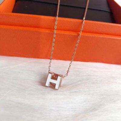 AAA Replica Hermes Rose Gold White Lacquer Cage d'H Pendant Necklace 